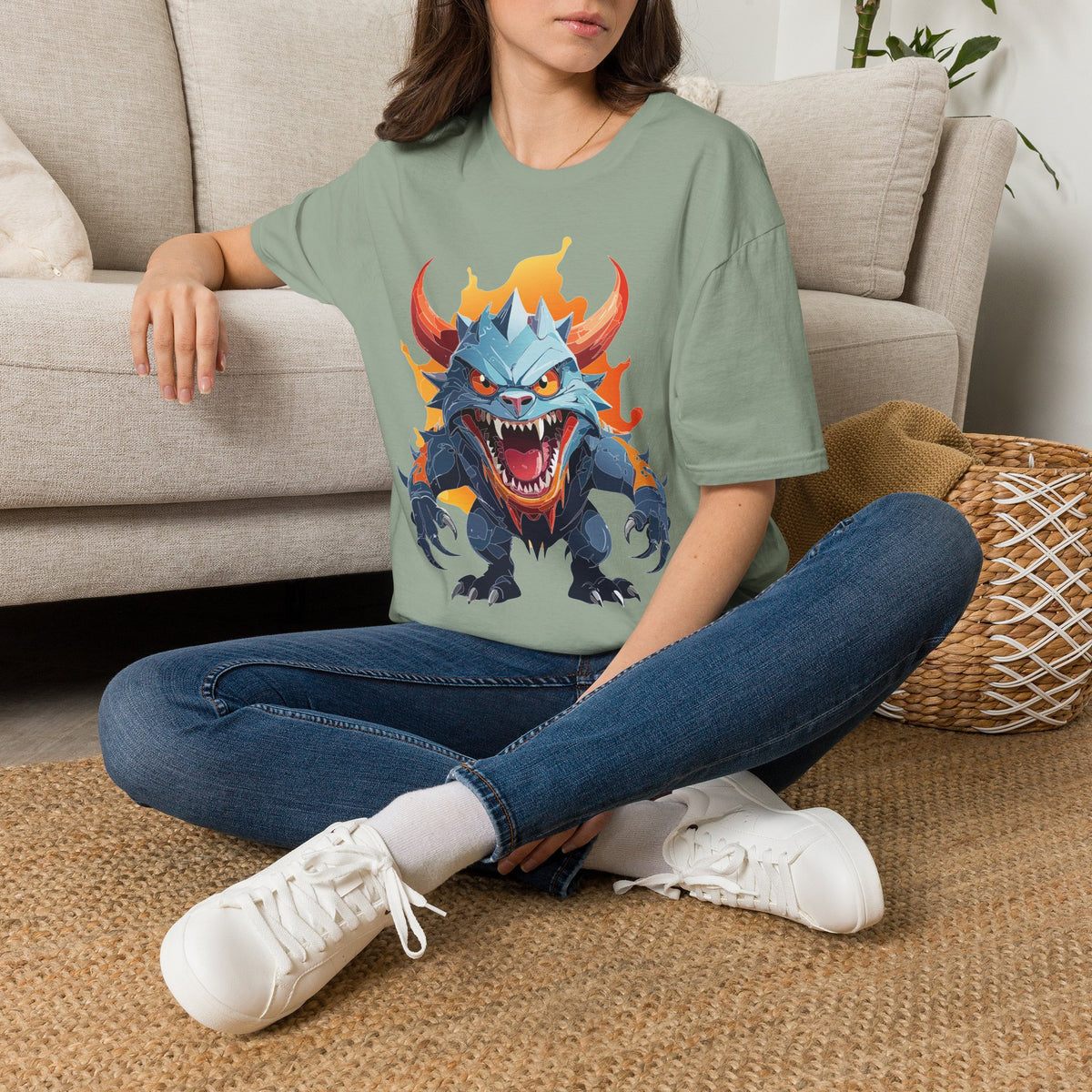 Monster Dragon T-Shirt — Fierce Fire-Breathing Creature Cartoon Graphic Tee Unisex 100 Cotton Gildan T-Shirt