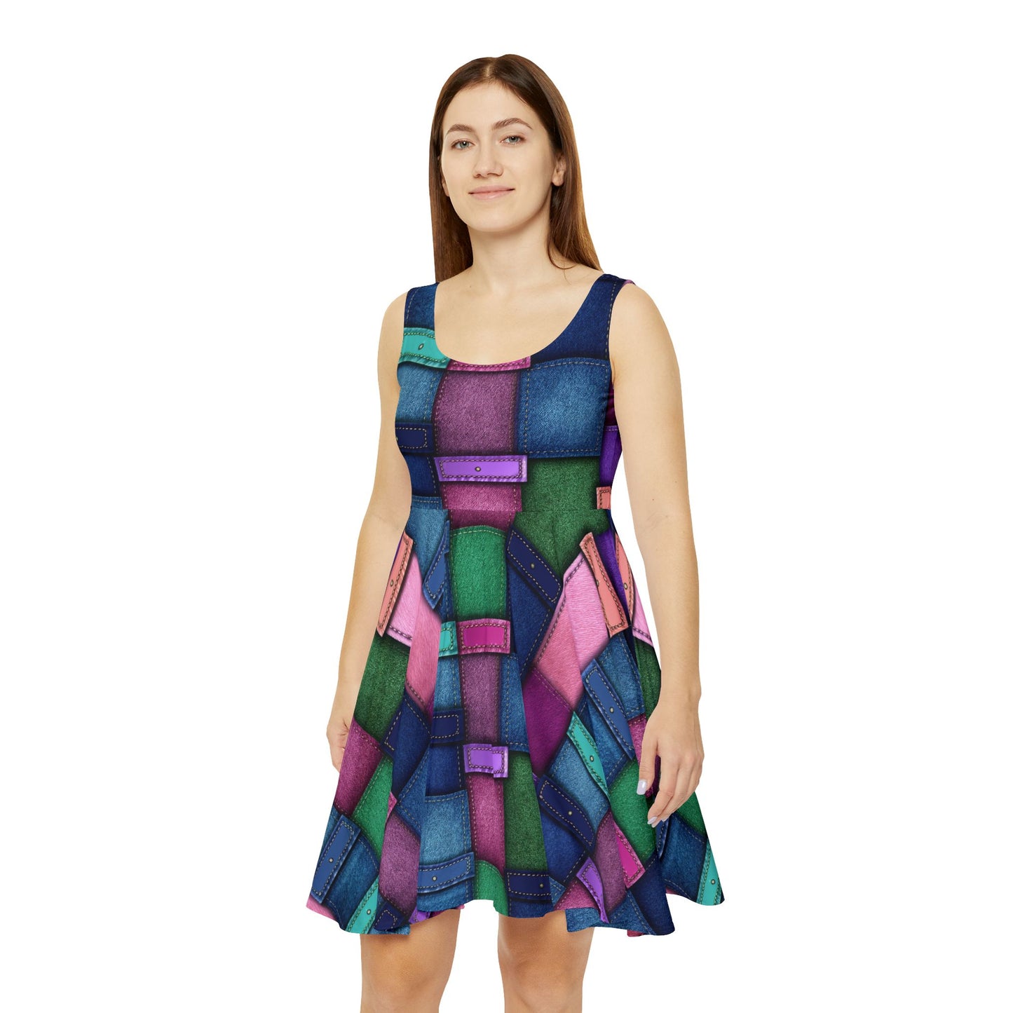 Women Denim Print Skater Dress, Denim Print Poly-Span Dress - 8