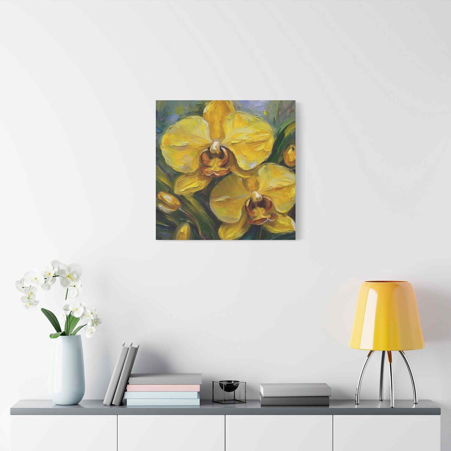 Yellow Orchids Print Canvas, Floral Oil Paint Print 20x20, 24x24, 30x30, 32x32, 36x36 Art Design Pine-Wood Inner Frame MC-140