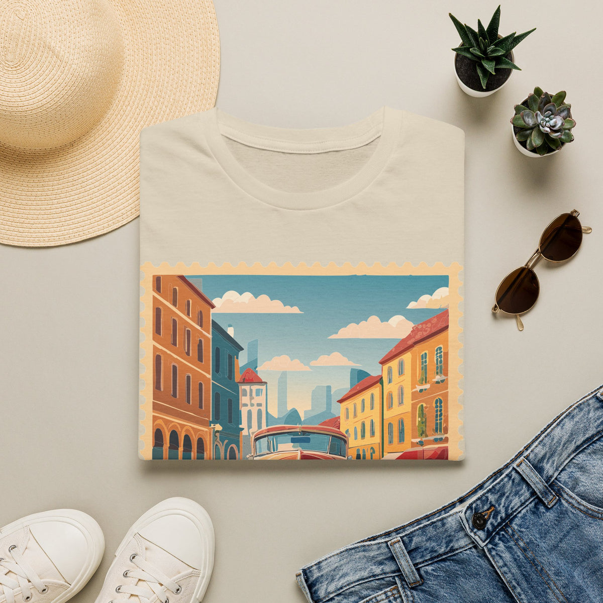 Vintage Cityscape Stamp T-Shirt | Retro Car Street Graphic Tee Unisex 100 Cotton Gildan T-Shirt