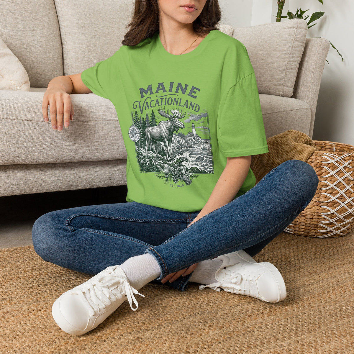 Maine Vacationland T-Shirt – Vintage Moose, Lighthouse State Travel Travel Tourist Graphic Design Unisex 100 Cotton Gildan T-Shirt