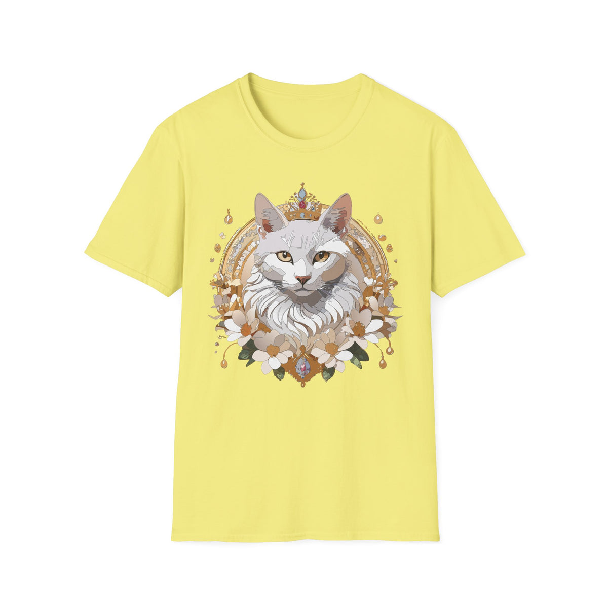 Regal White Cat Illustration T-Shirt | Crowned Feline Art