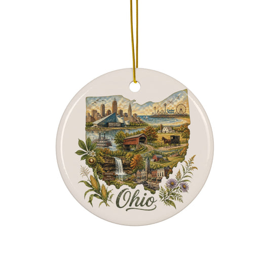 Ohio State Scenes Ceramic Ornament | Round Double-Sided Holiday Decoration - 2.99" Includes Gold String