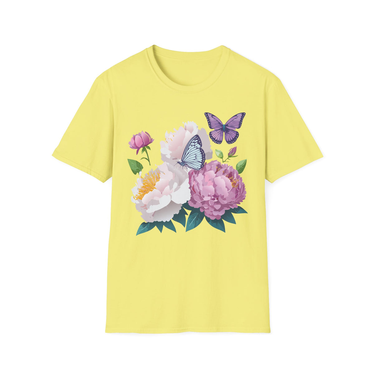 Floral Peonies & Butterflies T-Shirt — pastel garden tee for spring, Mother's Day Graphic Tee Unisex 100 Cotton Gildan T-Shirt