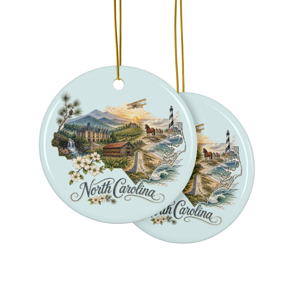North Carolina State Scene Ornament | Ceramic Round Ornament - 2.99" Includes Gold String