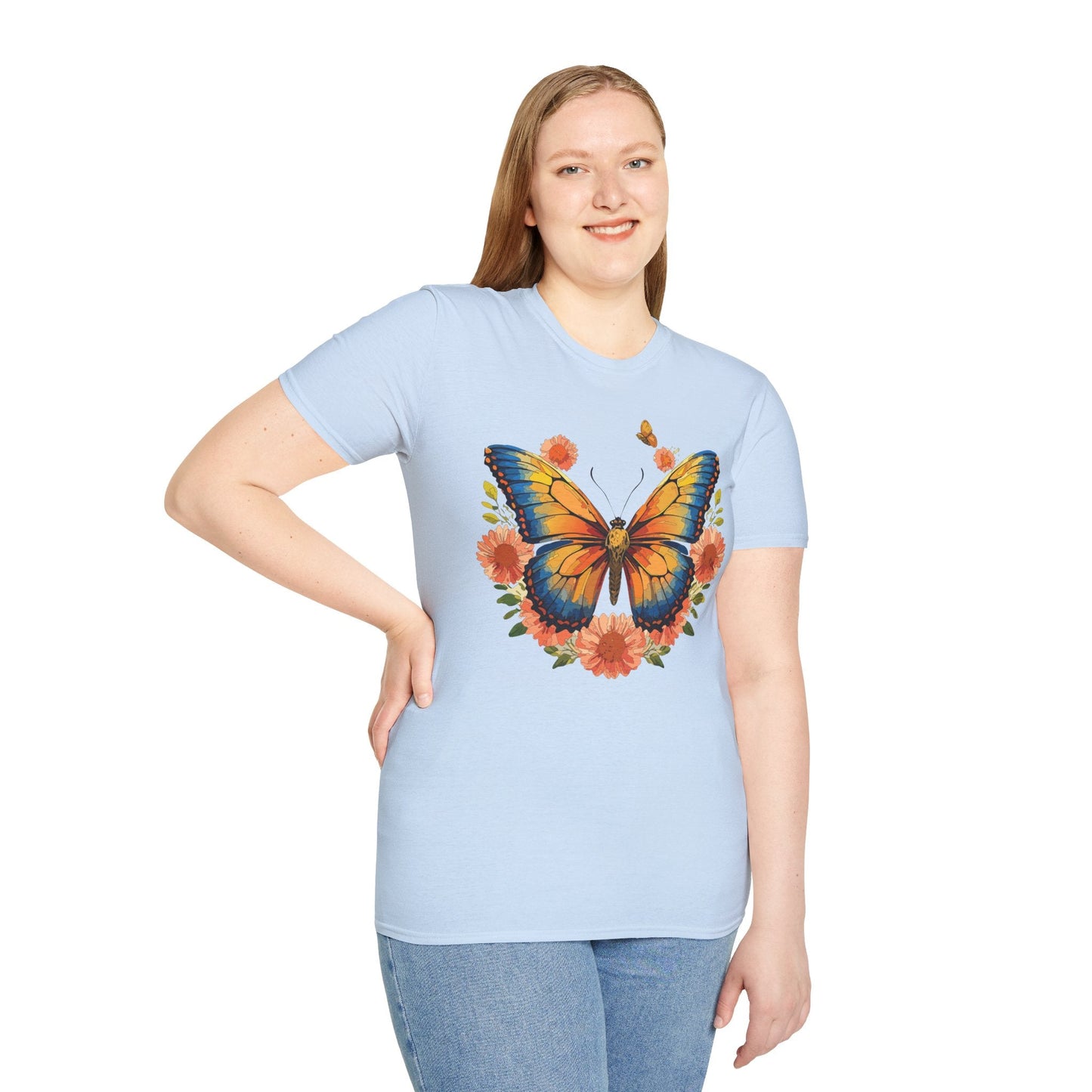 Butterfly T Shirt Unisex Softstyle Gildan 64000 Monarch Print 100 Percent Ring Spun Cotton