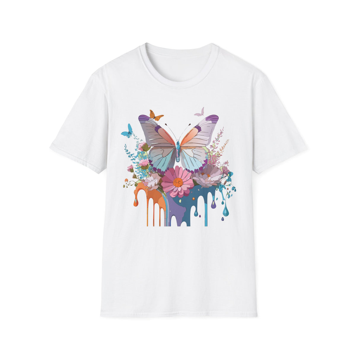Butterfly Floral T-Shirt — Colorful Drip Art Garden Graphic Design Unisex 100 Cotton Gildan T-Shirt