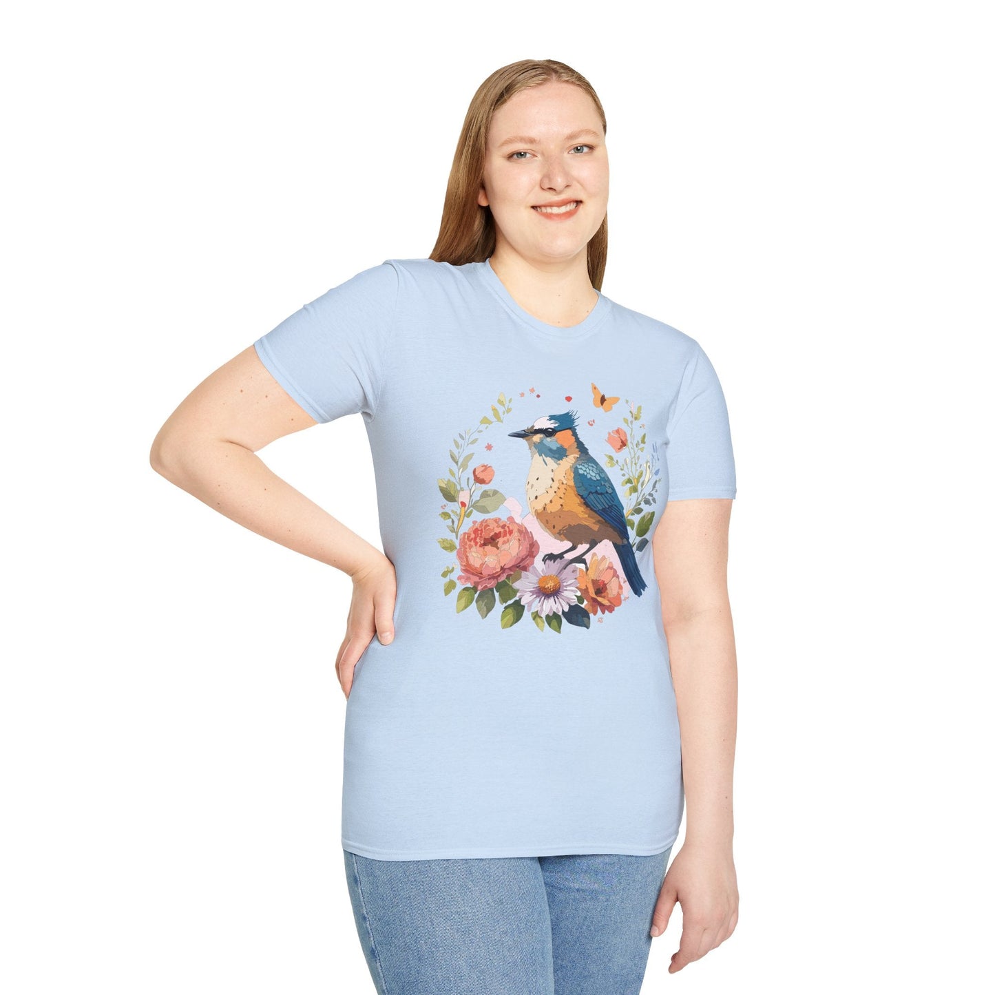 Floral Bird T Shirt Unisex Softstyle Gildan 64000 Tee 100 Percent Ring Spun Cotton