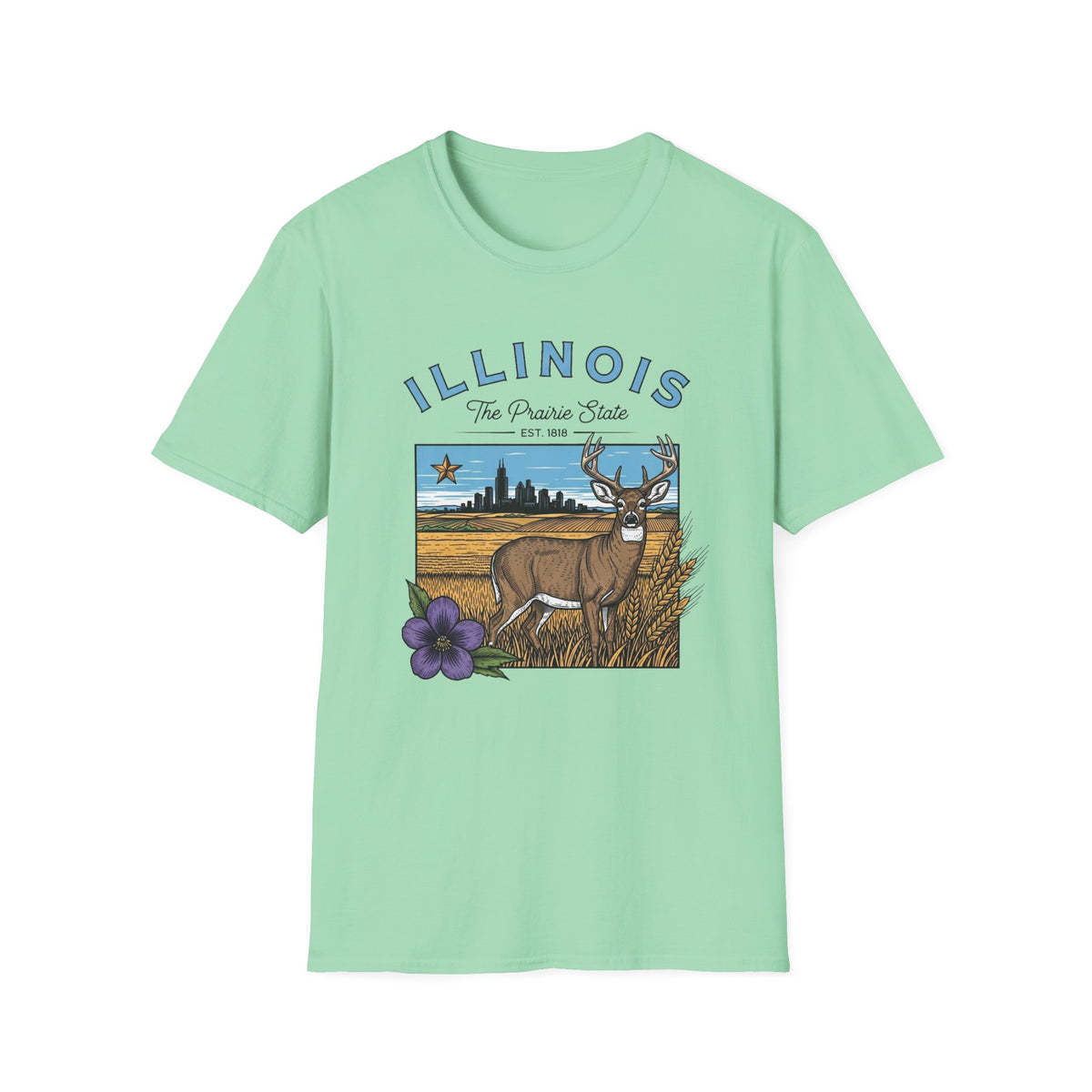 Illinois Deer State T-Shirt — The Prairie State Travel Tourist Graphic Design Unisex 100 Cotton Gildan T-Shirt