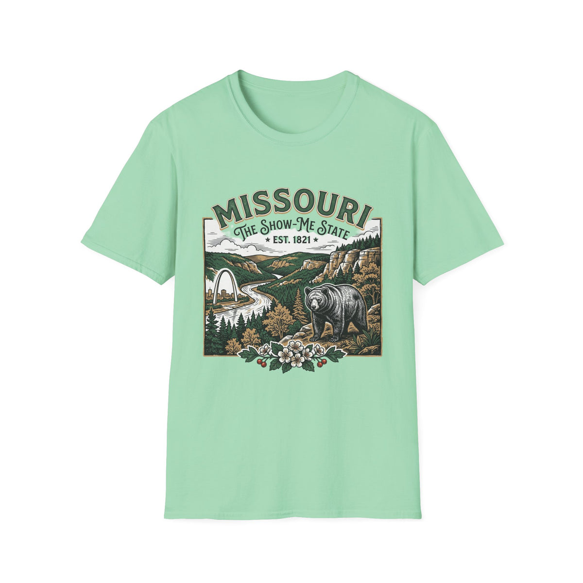 Missouri Vintage State Pride T-Shirt — State Scenic Bear Design Travel Tourist Graphic Design Unisex 100 Cotton Gildan T-Shirt