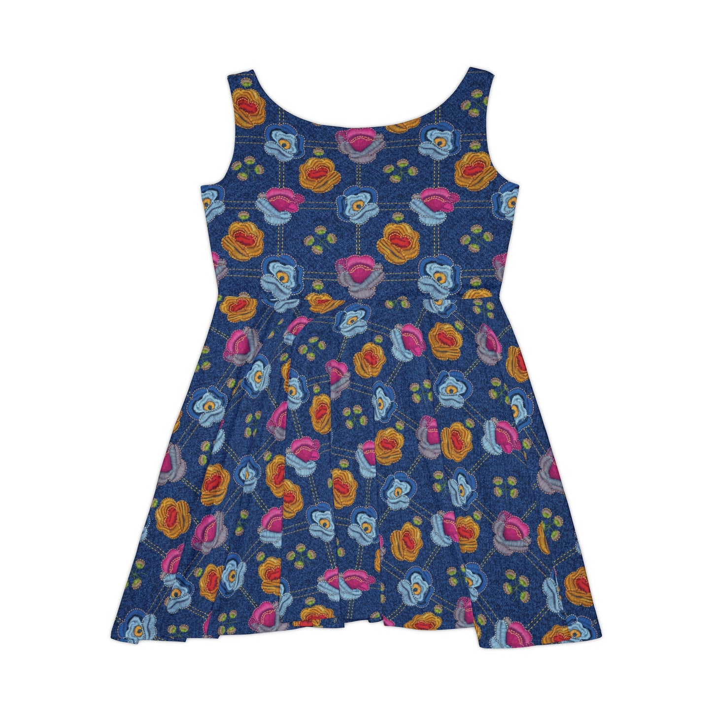 Women Floral Denim Print Skater Dress, Denim Print Poly-Span Dress - 39