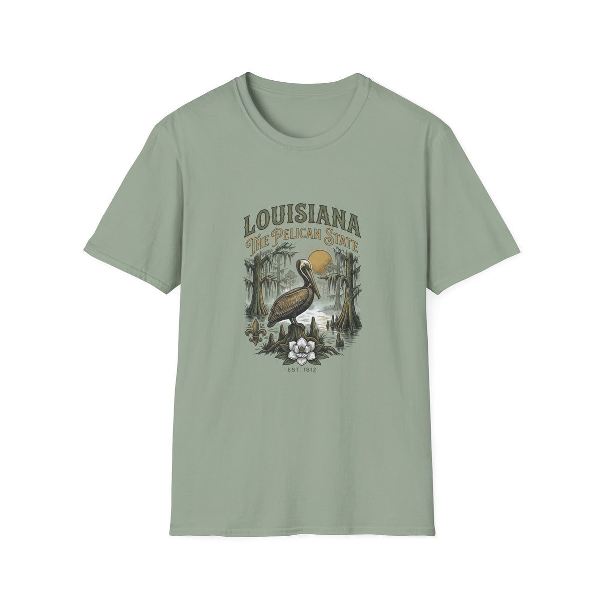 Louisiana Pelican State T-Shirt — Vintage Bayou Wildlife Travel Tourist Graphic Design Unisex 100 Cotton Gildan T-Shirt