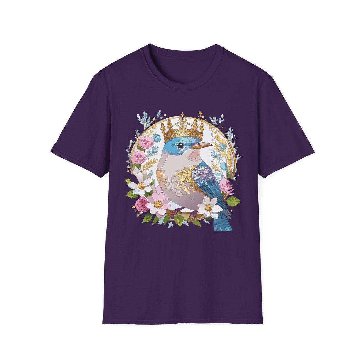 Crowned Bluebird with Floral Wreath T-Shirt | Royal Bird Illustration