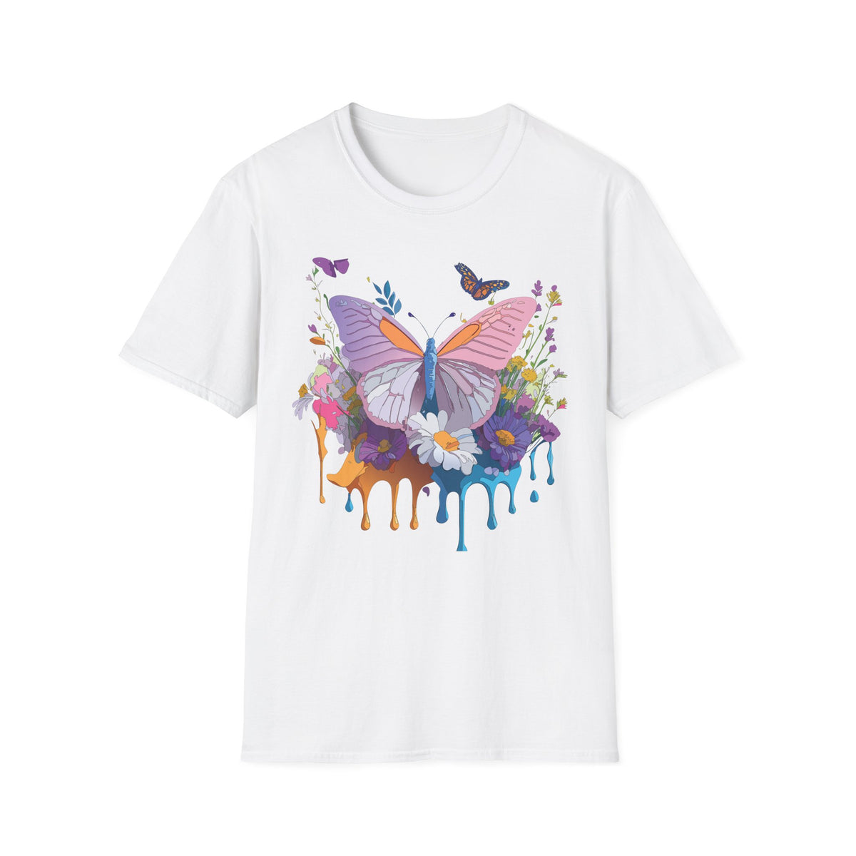 Butterfly Watercolor Drip T-Shirt — Pastel Floral Butterfly Graphic Design Unisex 100 Cotton Gildan T-Shirt