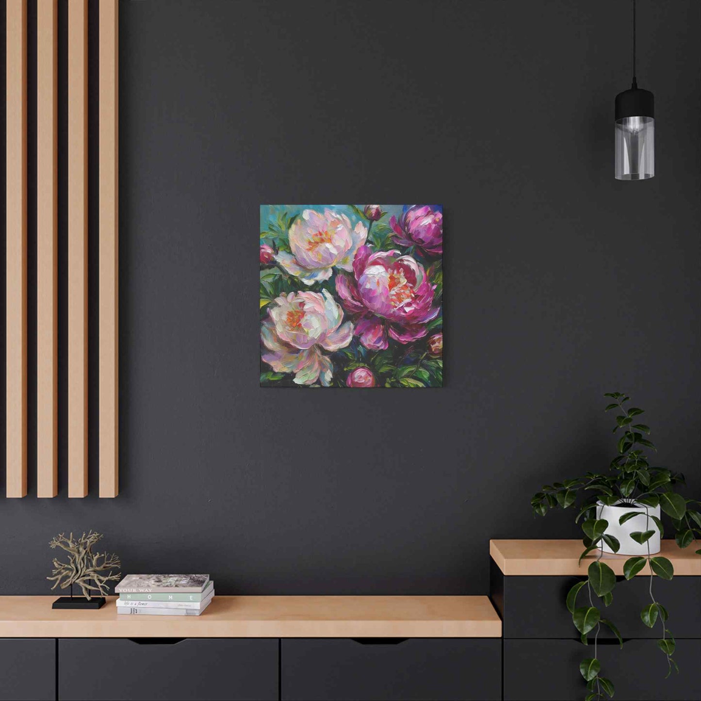 Pink Peonies Print Canvas, Floral Oil Paint Print 20x20, 24x24, 30x30, 32x32, 36x36 Art Design Pine-Wood Inner Frame MC-115
