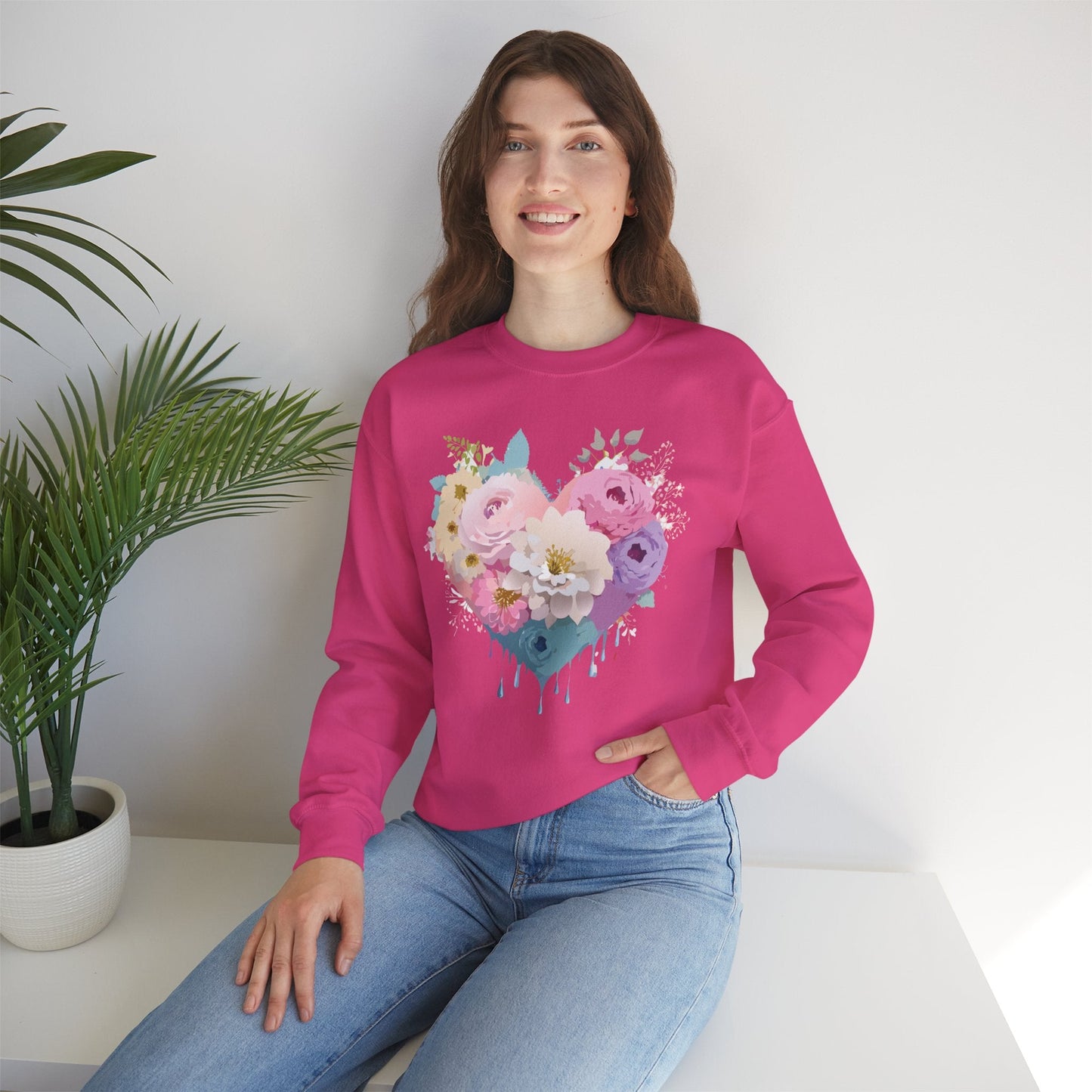 Floral Heart Unisex Crewneck Sweatshirt With Floral Love Valentines Day Design Premium Heavy Blend