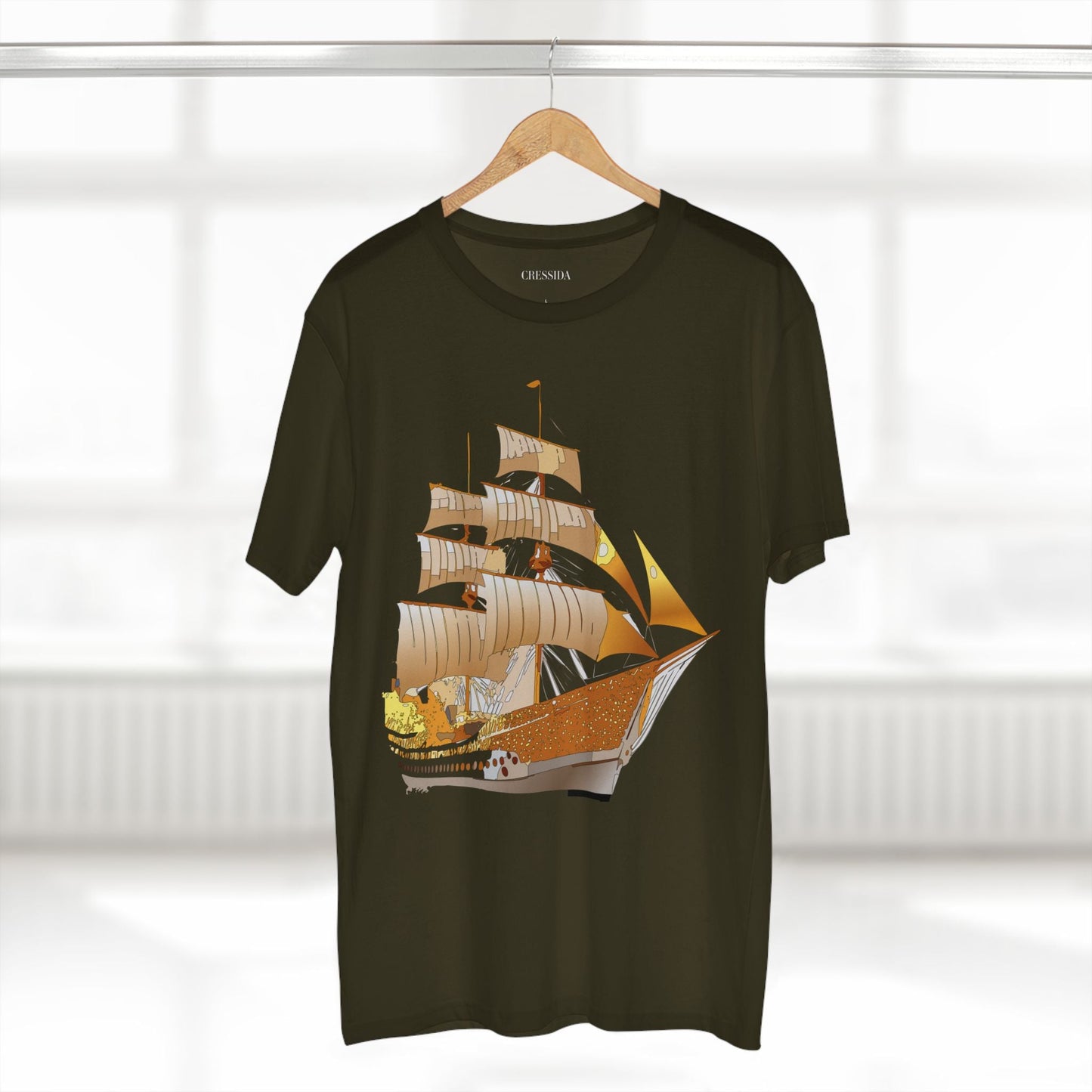 Ship Graphic Unisex 100 Cotton T-Shirt with Gold Frigate Art Design 24