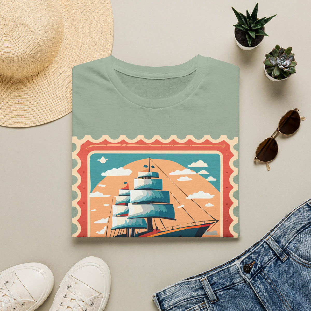 Vintage Sailing Ship T-Shirt | Retro Ocean Stamp Graphic Tee