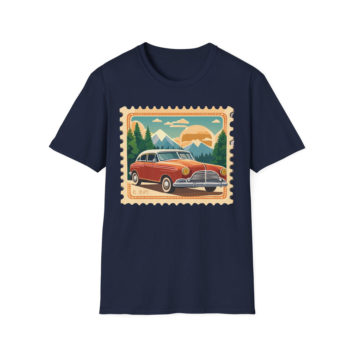 Vintage Road Trip Car T-Shirt | Retro Mountain Sunset Stamp Design
