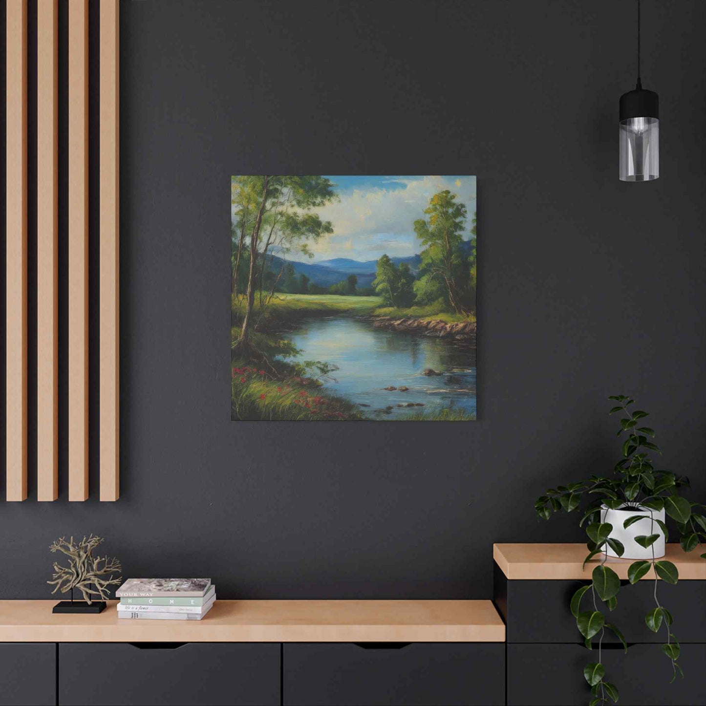 River Print Canvas, Landscape Oil Paint Print 20x20, 24x24, 30x30, 32x32, 36x36 Art Design Print Pine-Wood Inner Frame MC-53
