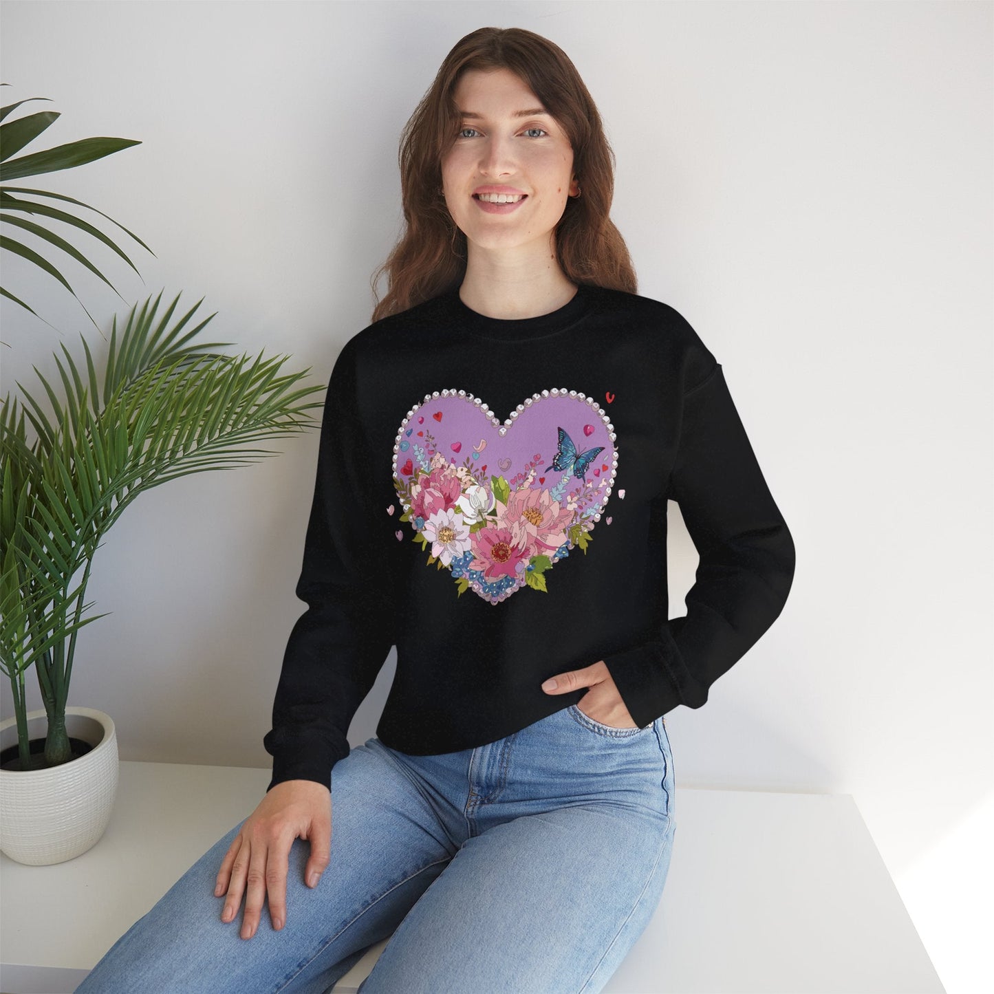Floral Heart Sweatshirt Unisex Crewneck Valentines Day Heavy Blend Gildan 18000 Cozy Warm
