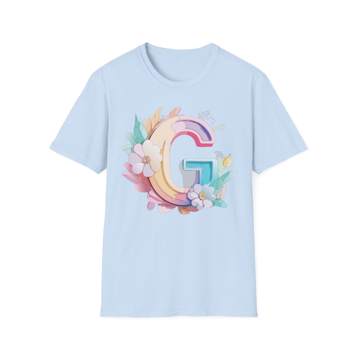 Floral Letter G T-Shirt | Monogram Initial Tee, Pastel Rainbow Blooms