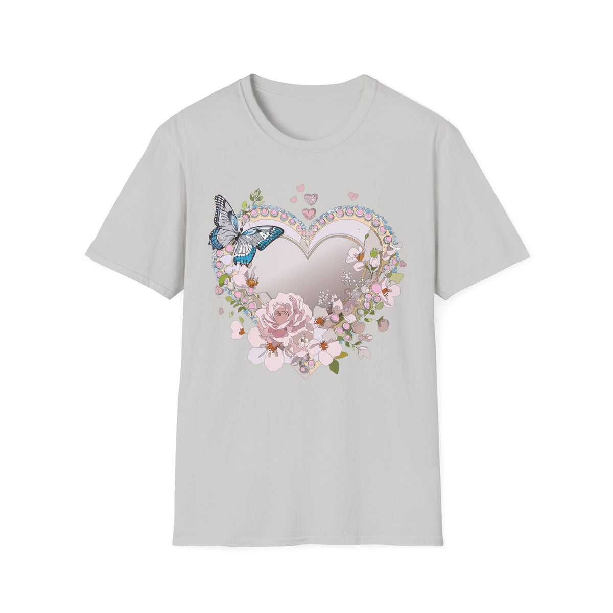 Floral Heart with Butterfly T-Shirt | Romantic Pastel Garden Graphic Tee Unisex 100 Cotton Gildan T-Shirt