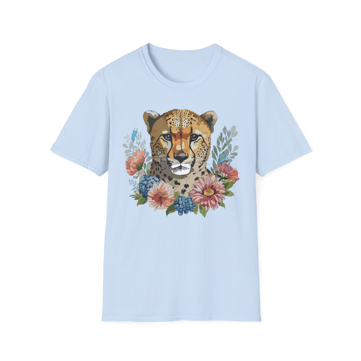 Floral Cheetah Face T-Shirt | Wild Cat Illustration, Botanical Accent