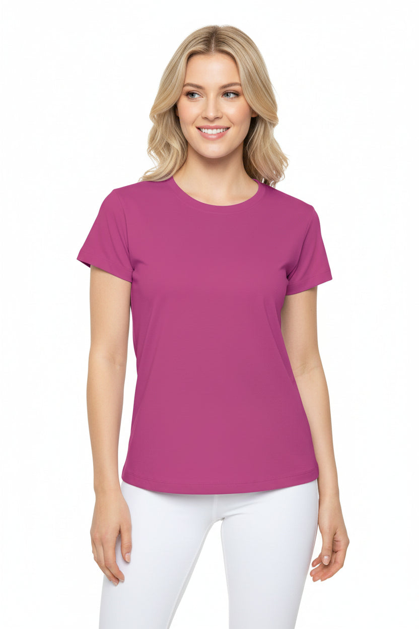 Fuchsia Plum Women's Sports Jersey Short Sleeves 100% Poly Solid Pink Color Print Athletic Tee