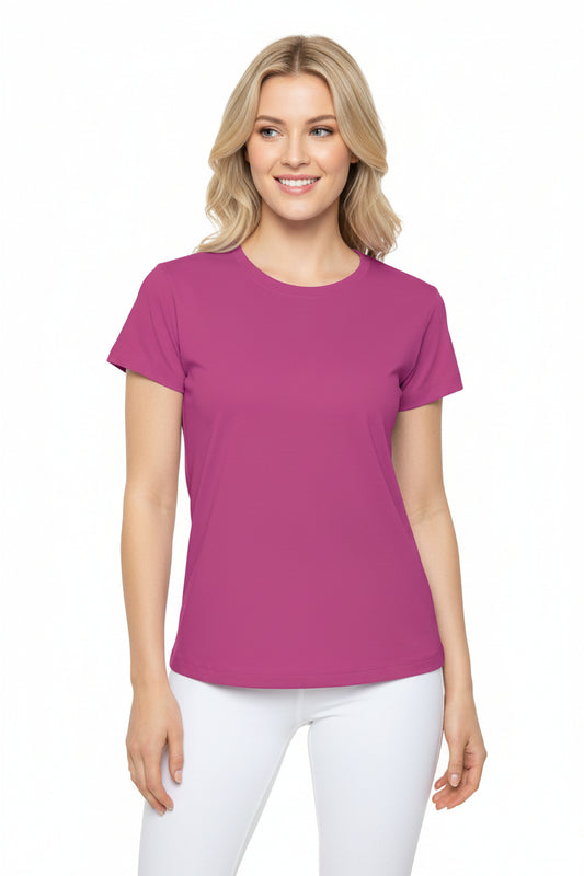 Fuchsia Plum Women's Sports Jersey Short Sleeves 100% Poly Solid Pink Color Print Athletic Tee