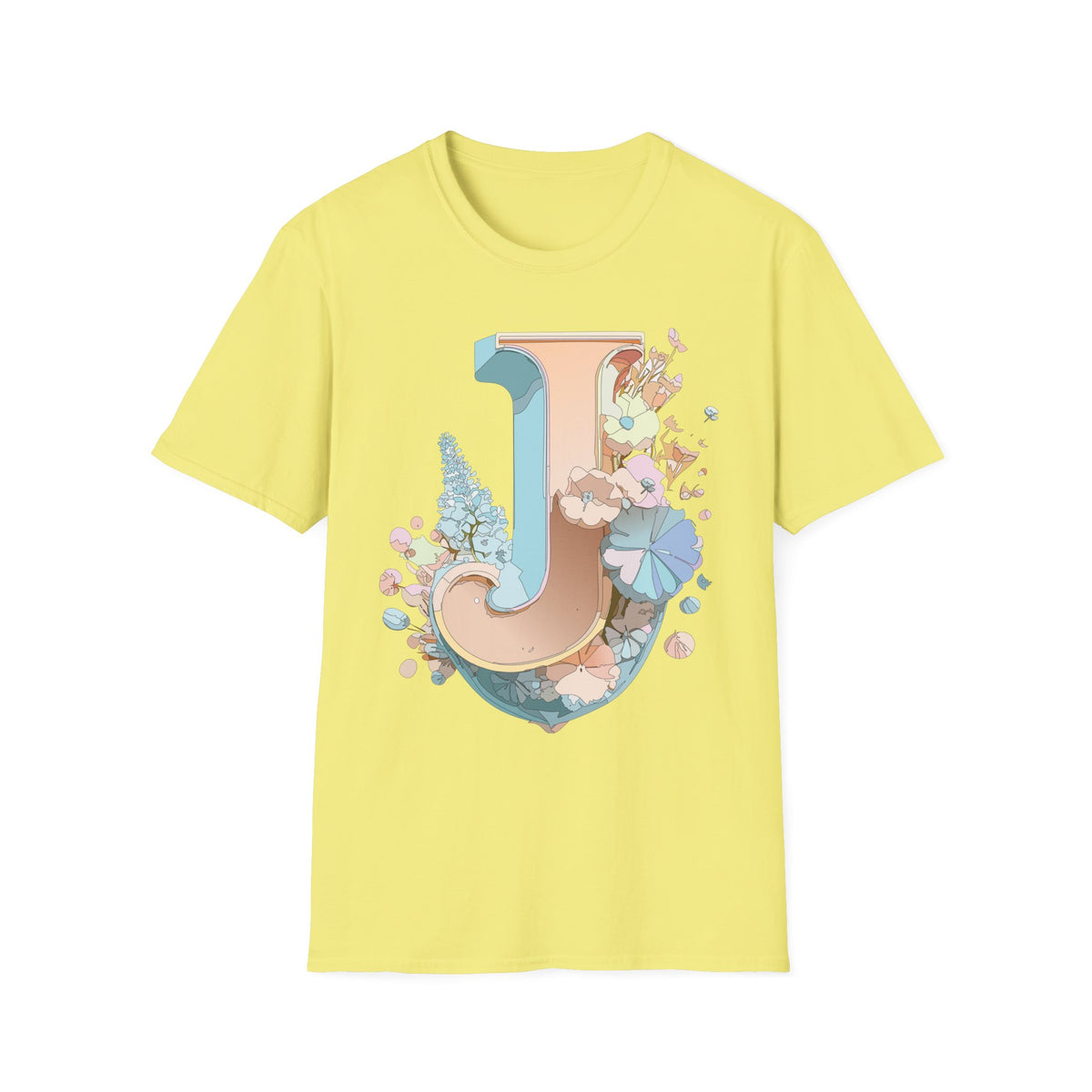 Floral Letter J T-Shirt | Monogram Initial Tee, Pastel Botanical Typography