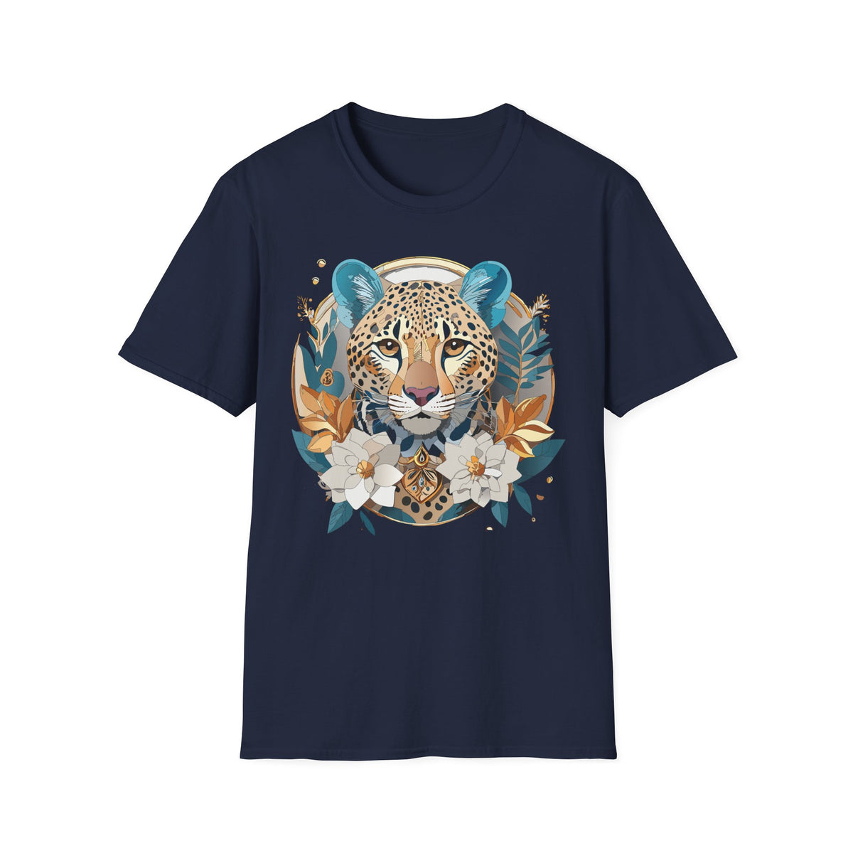 Boho Cheetah Face T-Shirt | Floral Leaves Illustration