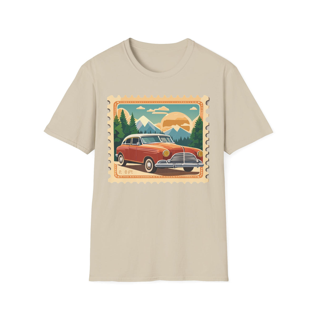 Vintage Road Trip Car T-Shirt | Retro Mountain Sunset Stamp Design