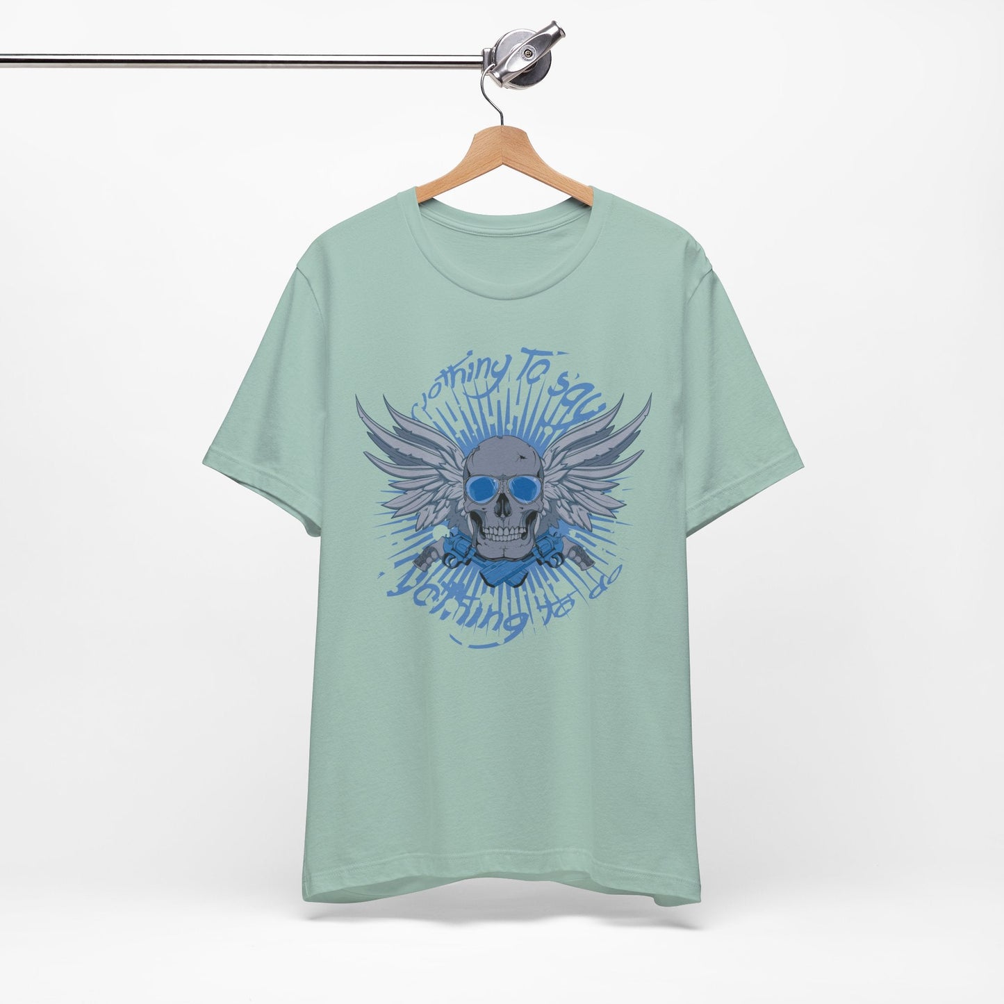 Winged Skull Graphic Tee | Blue Skull with Wings, Radiant Burst