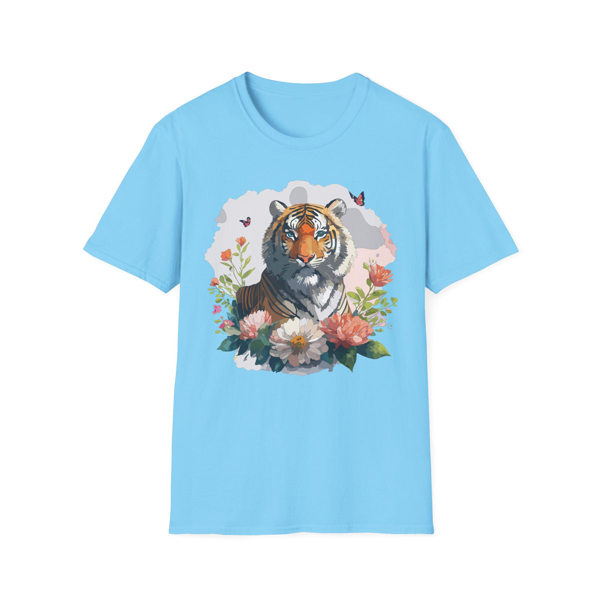 Floral Tiger Illustration T-Shirt | Tiger Portrait Tee, Butterfly Accents