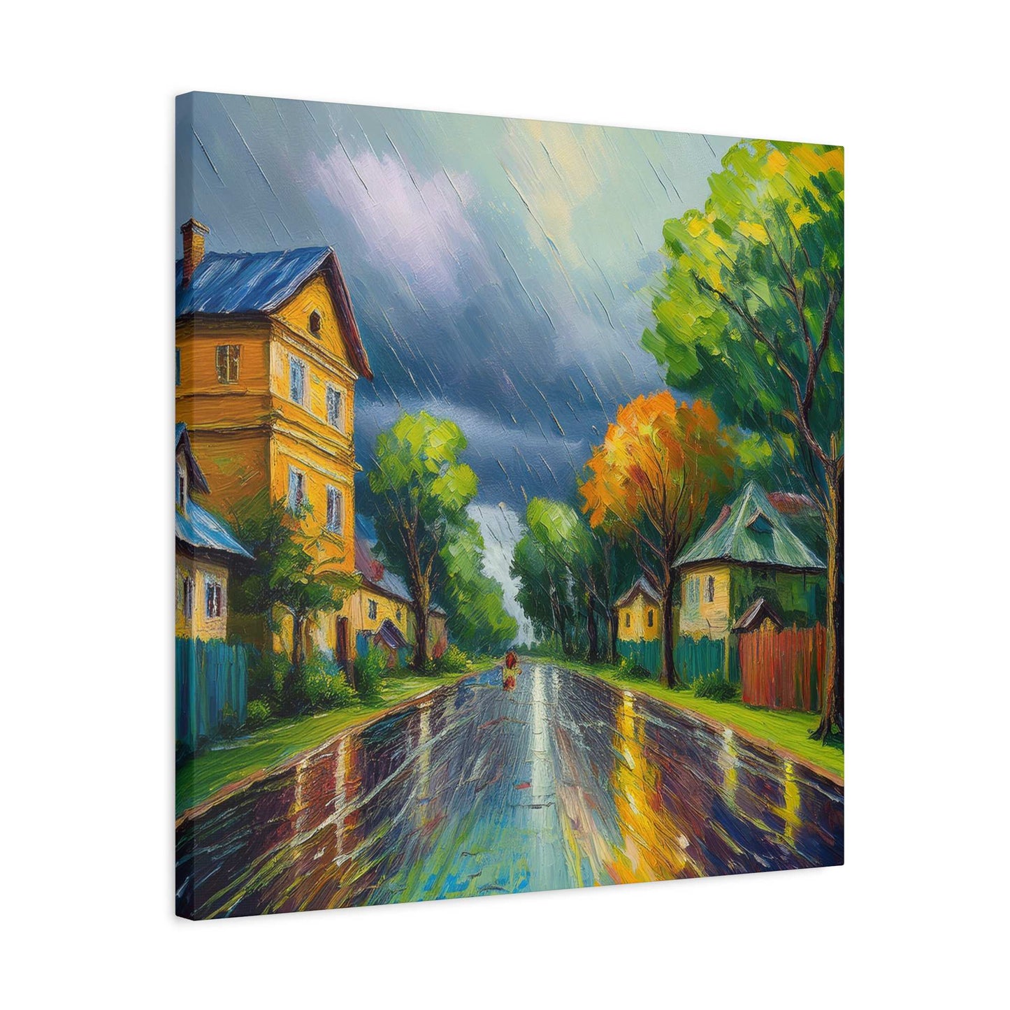 Rainy Village Street Canvas, Matte Oil Paint Print 20x20, 24x24, 30x30, 32x32, 36x36, Art Design Print Non-Frame MC-1