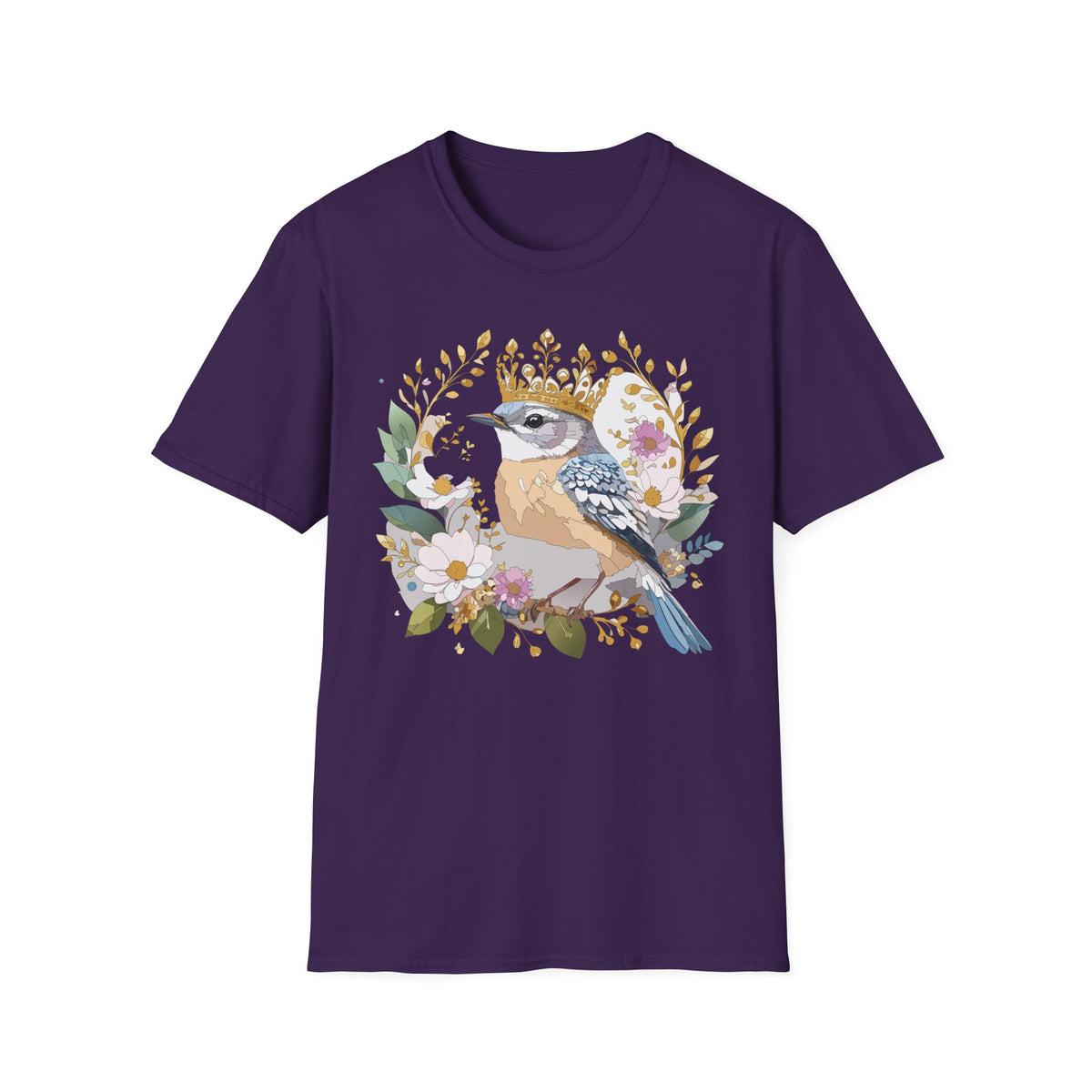 Blue Jay with Floral Wreath and Crown T-Shirt | Bird Illustration