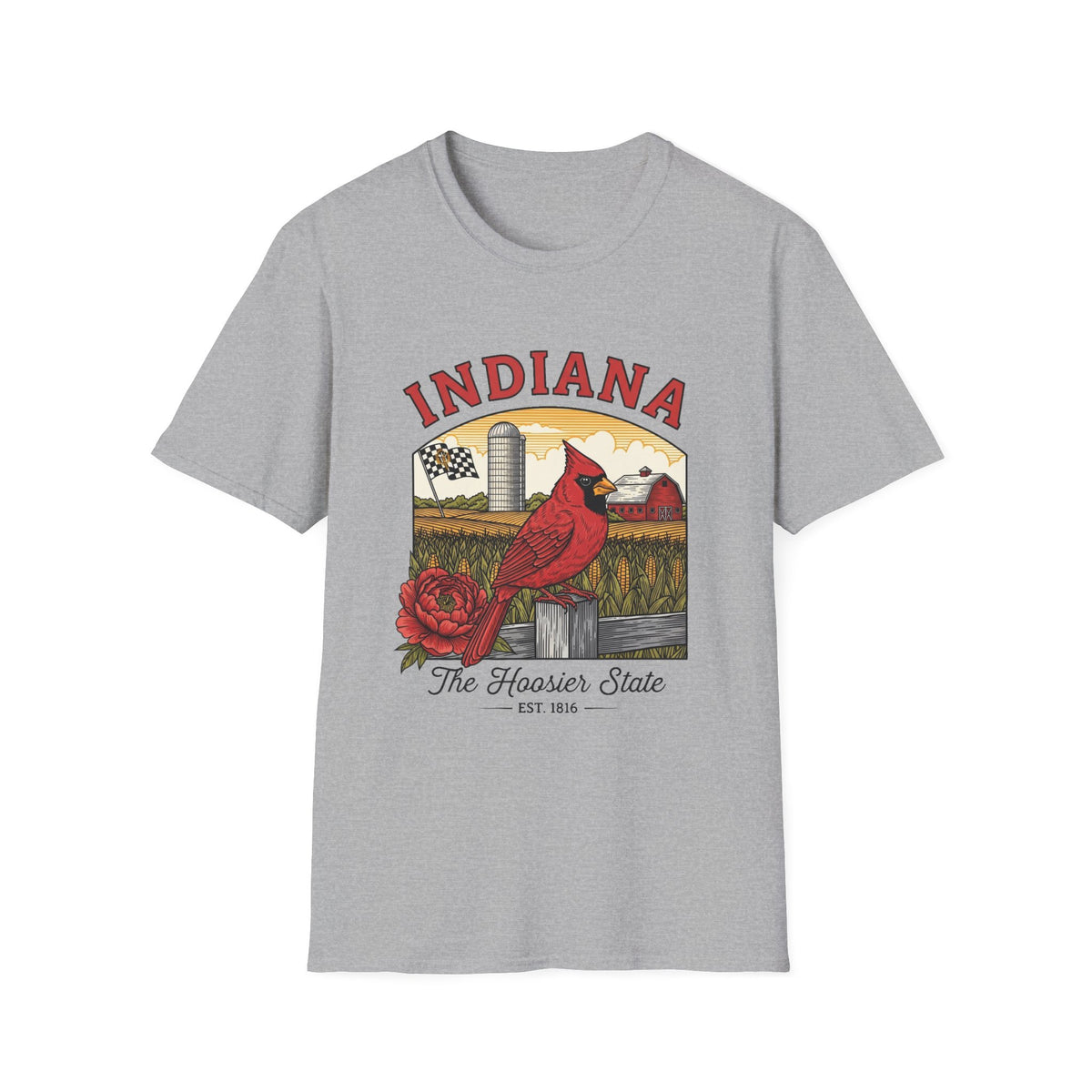 Indiana Cardinal Bird Tee — The Hoosier State Vintage Farm Design Travel Tourist Graphic Design Unisex 100 Cotton Gildan T-Shirt