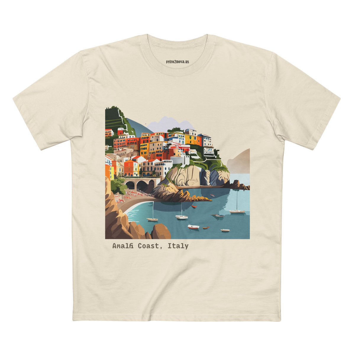 Amalfi Coast Italy illustration T-Shirt | Coastal village, sailboats, seaside print