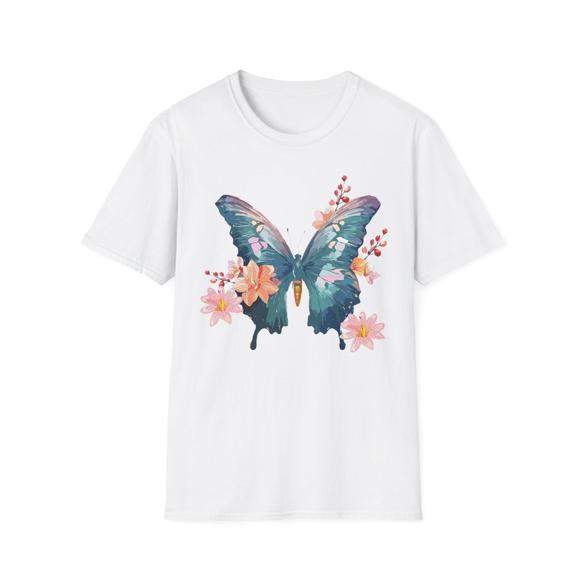 Watercolor Blue Butterfly T-Shirt | Floral Accent Graphic Tee Unisex 100 Cotton Gildan T-Shirt