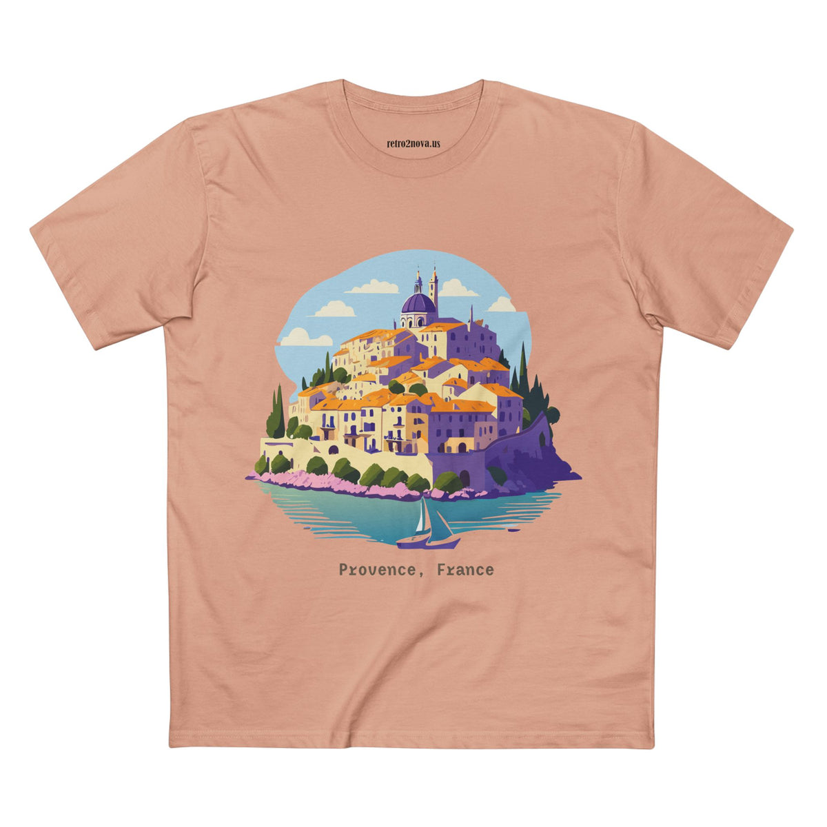 Provence France Village Illustration T-Shirt | Coastal Sailboat Scenic Tee