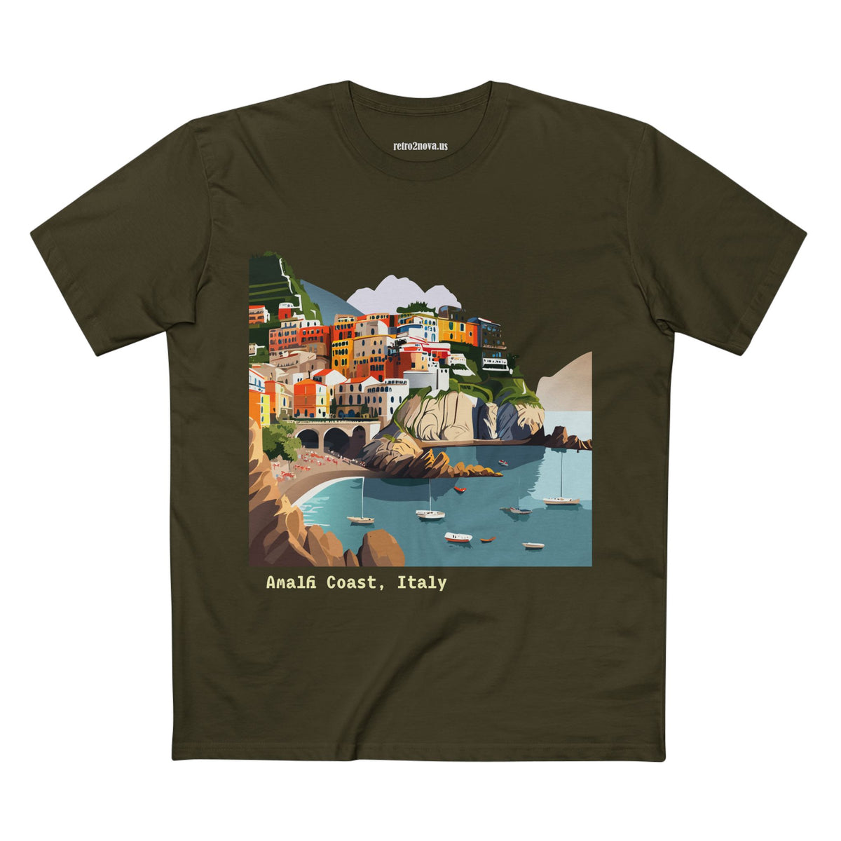 Amalfi Coast Italy illustration T-Shirt | Coastal village, sailboats, seaside print