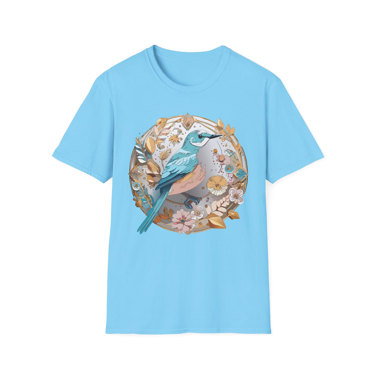 Blue Bird Floral Wreath T-Shirt | Botanical Bird Illustration
