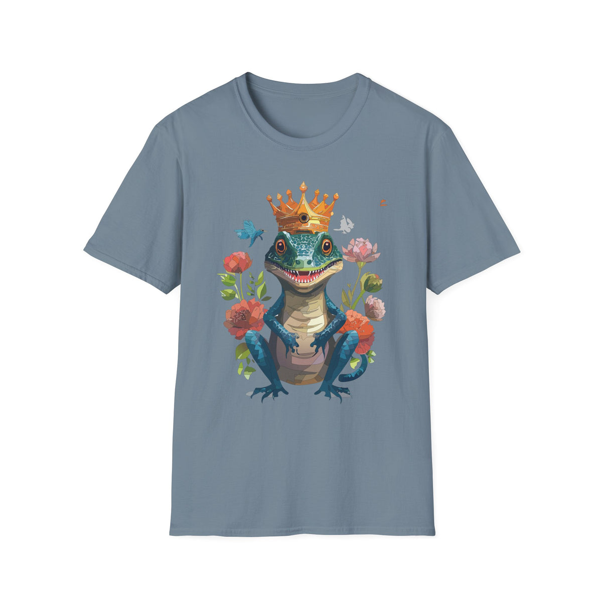 Crowned Lizard Illustration T-Shirt | Regal Gecko with Flowers