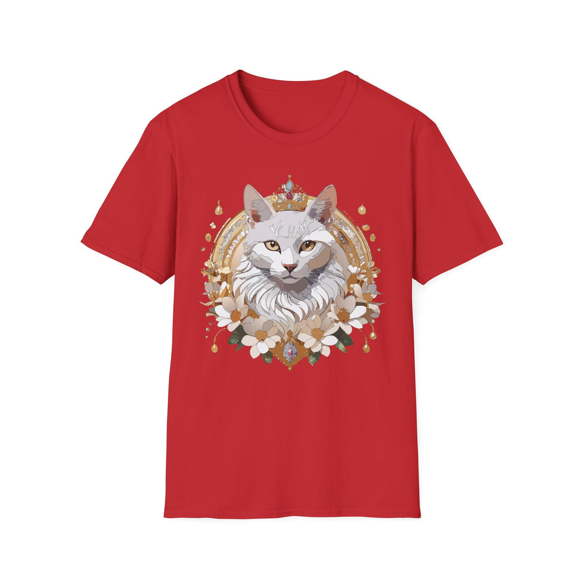 Regal White Cat Illustration T-Shirt | Crowned Feline Art