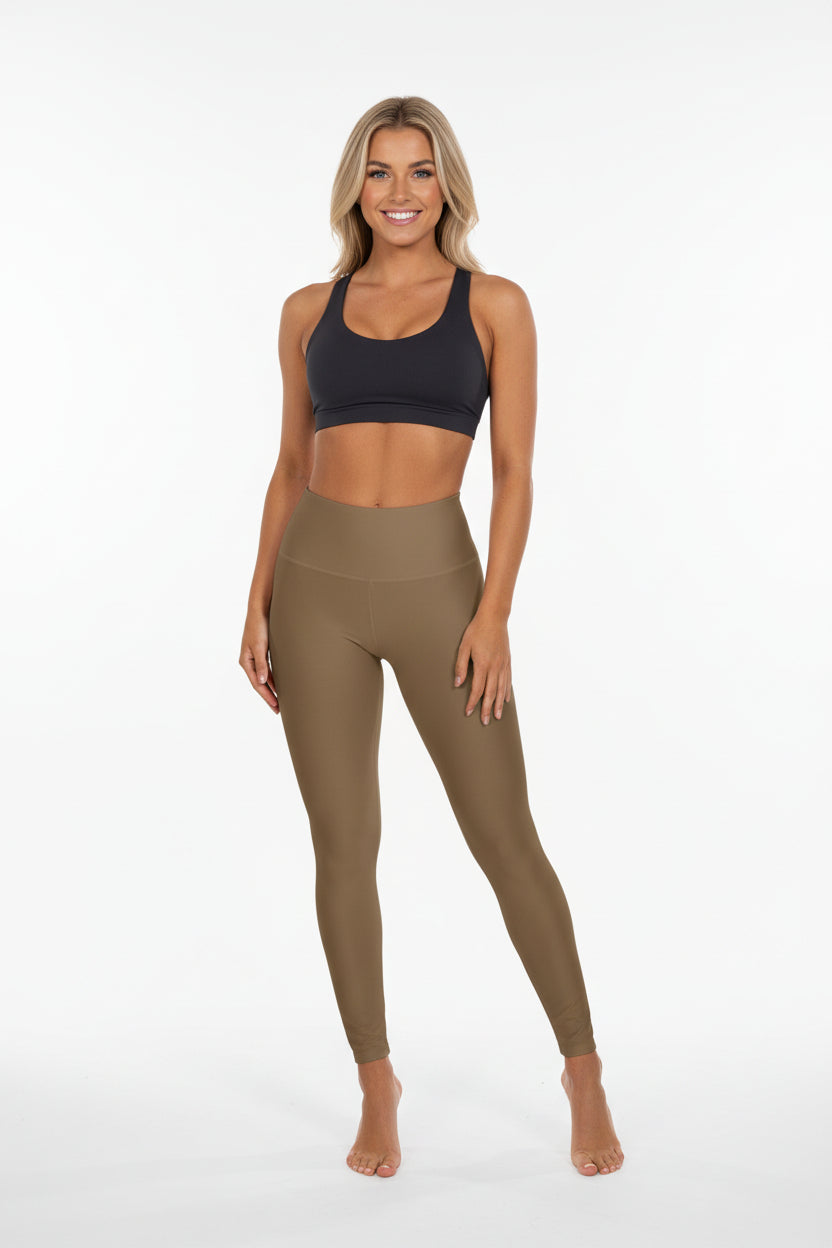 High-Waisted Olive Wood Yoga Leggings Comfortable Everyday Women's Seamless Poly-Span Tan Workout Pants