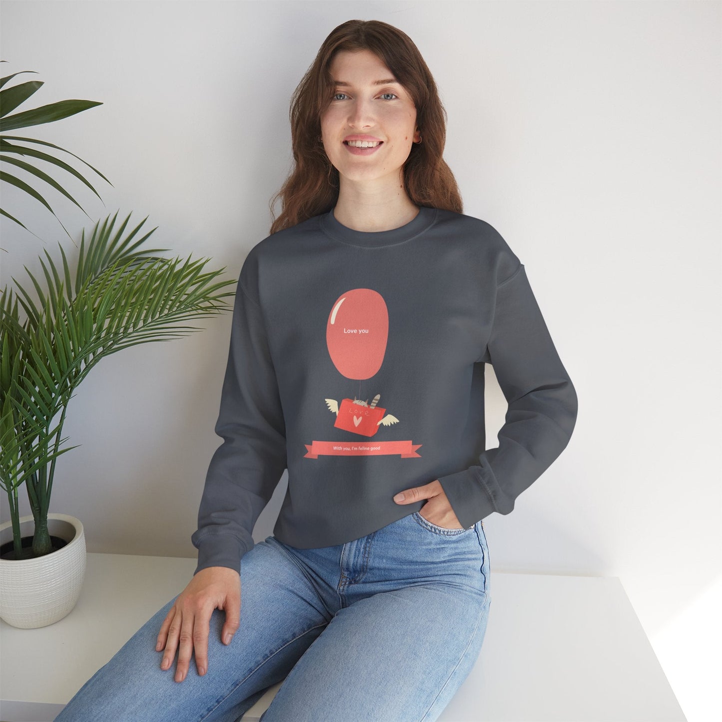 Cat Love Balloon Sweatshirt Unisex Fifty Fifty Cotton Poly Valentine Heavy Blend Crewneck Sweatshirt