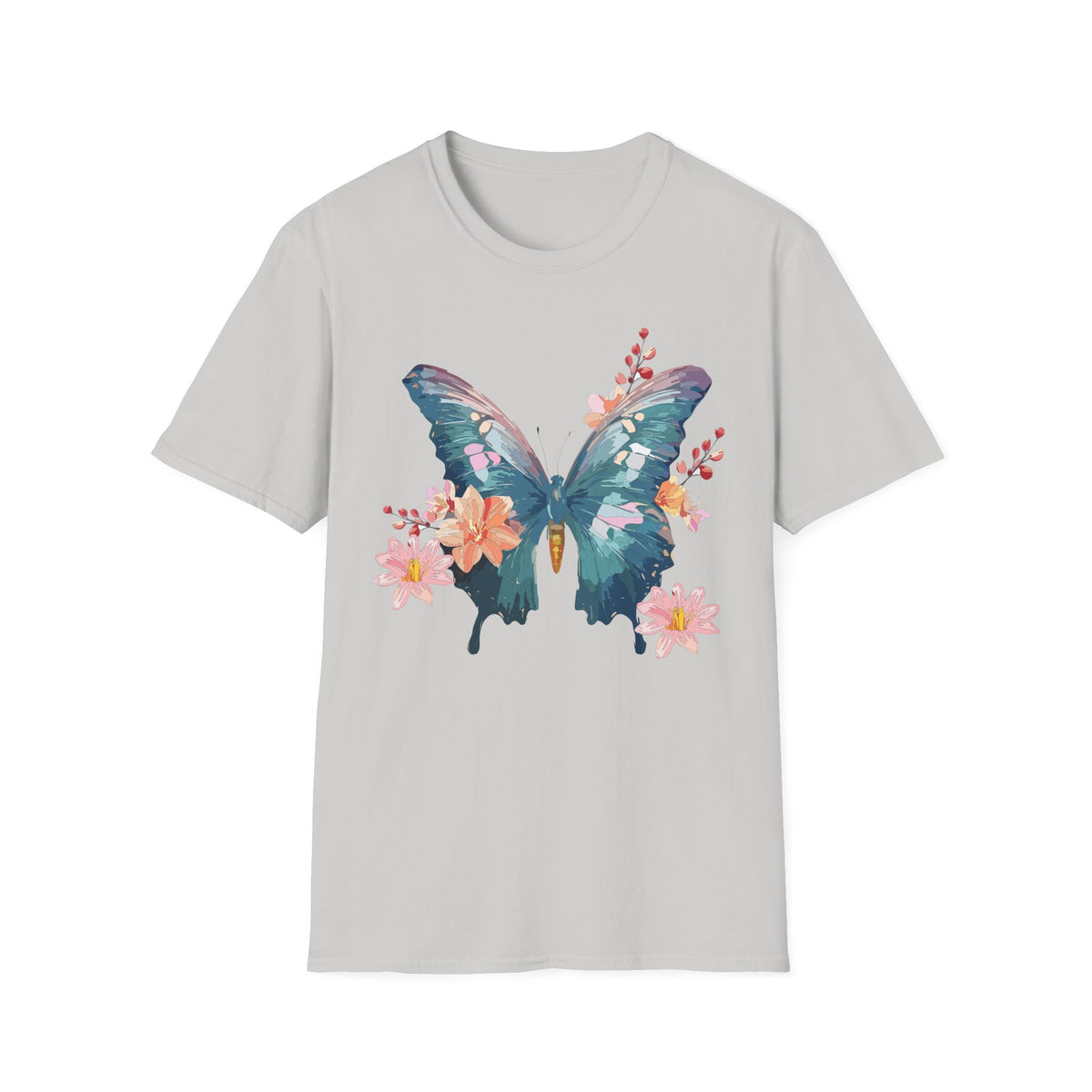 Watercolor Blue Butterfly T-Shirt | Floral Accent Graphic Tee Unisex 100 Cotton Gildan T-Shirt