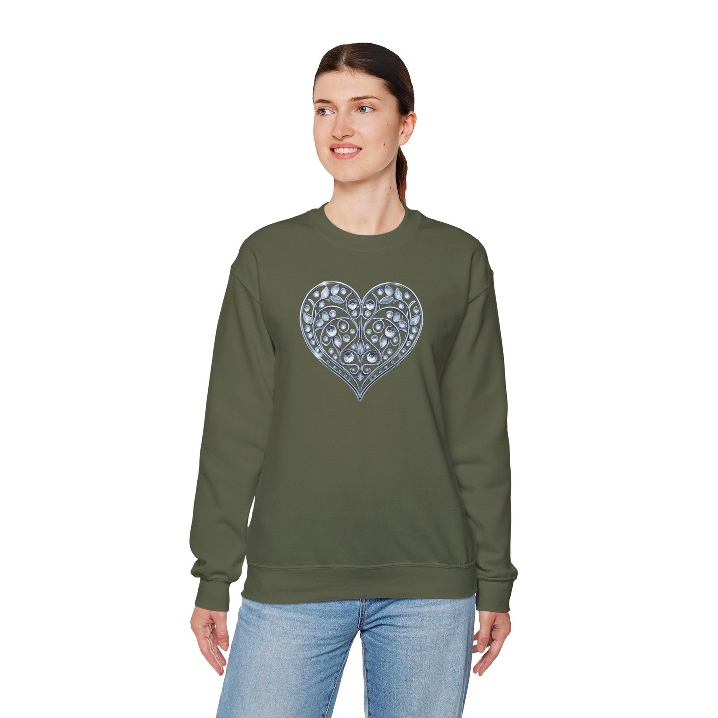 Big Crystal Heart Sweatshirt Unisex Fifty Fifty Cotton Poly Crewneck Valentines Day Sweatshirt