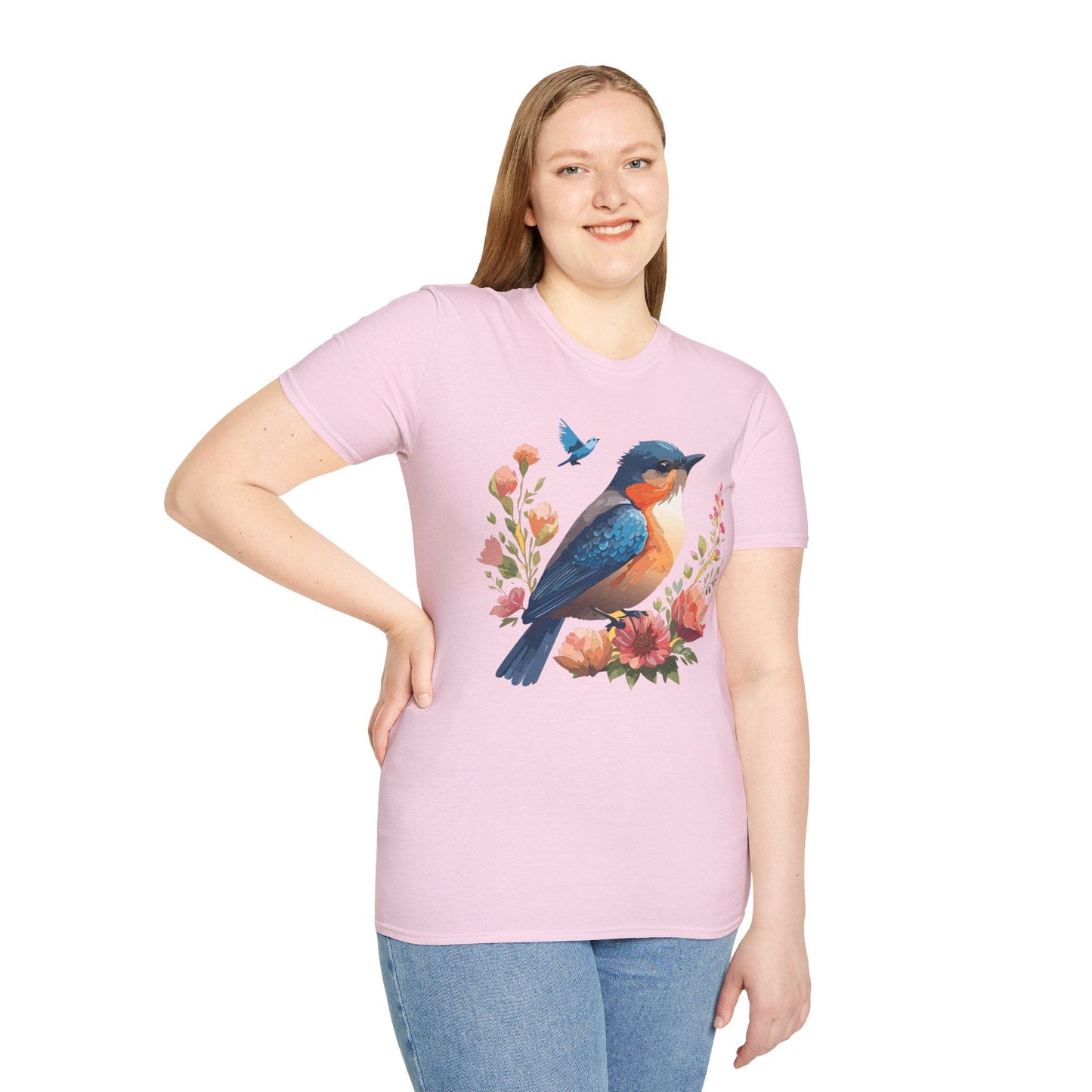 Unisex Floral Bird T Shirt Softstyle 64000 Gildan Ring Spun Cotton Tee Relaxed Fit
